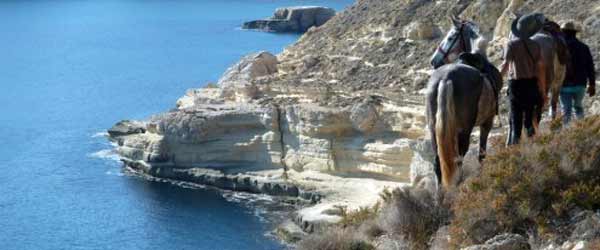 Randonnée à cheval. Les plages vierges de Cabo de Gata, Andalousie, Espagne